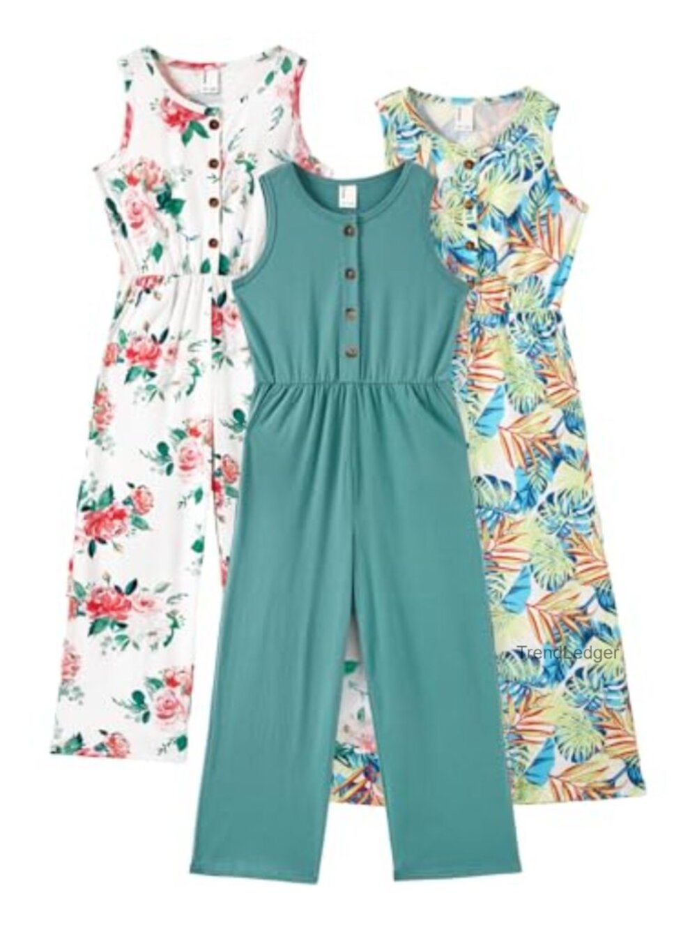 Girls 3 Pack Sleeveless Jumpsuit Rompers with Pockets Cotton Blend